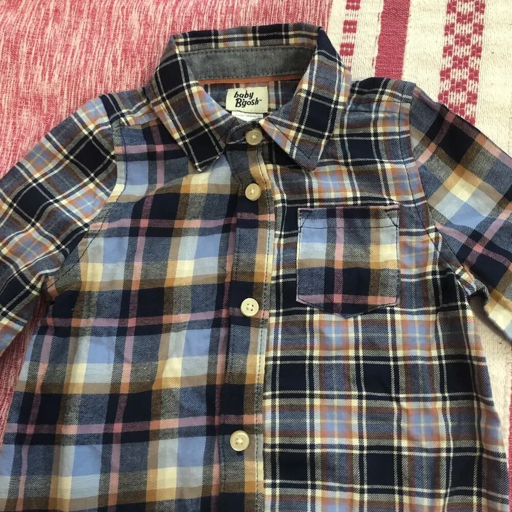 NWOT OshKosh Bgosh Baby Boys Blue Plaid Long Sleeve Button Down Bodysuit 18M